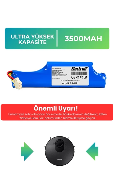 Arçelik Rs 3121 Robot Süpürge Bataryası (ULTRA YÜKSEK KAPASİTE) 3500mAh Robot Süpürge Pil