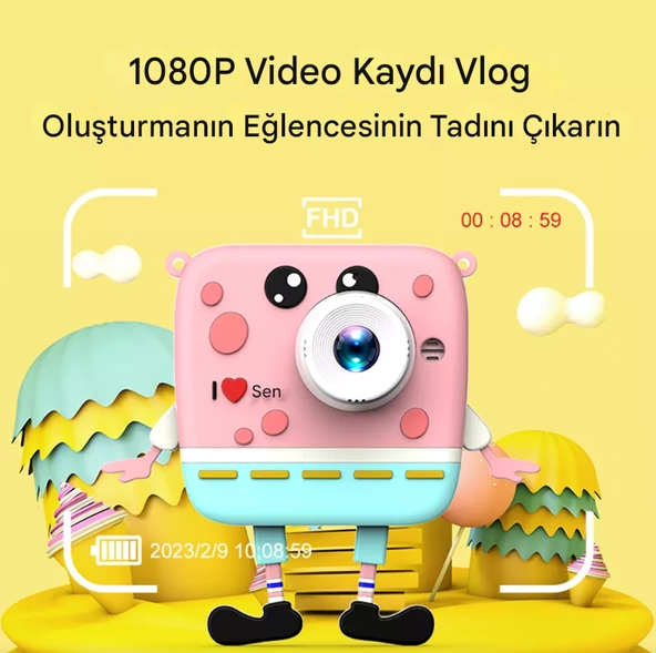 QASUL Çift Objektifli 1080 P Sünger Bob Kare Pantolon Çocuklar için Dijital Video Kamera Pembe - 2