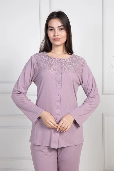 Mecit 6105 Bayan Gül Kurusu Büyük Beden Düğmeli Pijama Takımı - Resim 4