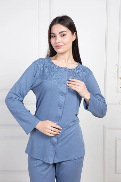 Mecit 6105 Bayan İndigo Büyük Beden Boydan Düğmeli Pijama Takımı - 4