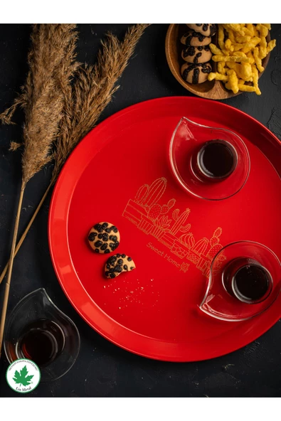 Metal Yuvarlak Servis Tepsisi 38cm, Kulpsuz Tepsi, Sunum, Çay Kahve Tepsisi (KAKTÜS BASKILI) Siyah - 9