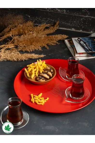 Metal Yuvarlak Servis Tepsisi 38cm, Kulpsuz Tepsi, Sunum, Çay Kahve Tepsisi (KAKTÜS BASKILI) Siyah - 10