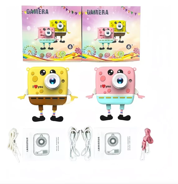 QASUL Çift Objektifli 1080 P Sünger Bob Kare Pantolon Çocuklar için Dijital Video Kamera Pembe - 6