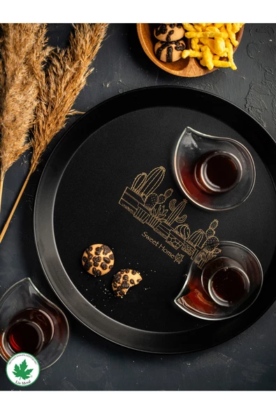 Metal Yuvarlak Servis Tepsisi 38cm, Kulpsuz Tepsi, Sunum, Çay Kahve Tepsisi (KAKTÜS BASKILI) Siyah