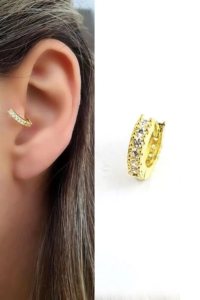 Zirkon Taş Detaylı 925Ayar Gümüş Üzerine Altın Kaplama Helis Tragus Kıkırdak Halka Piercing ürün görseli