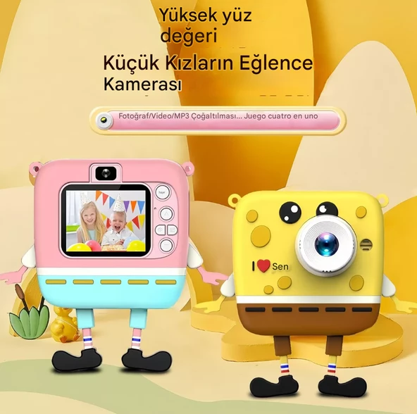 QASUL Çift Objektifli 1080 P Sünger Bob Kare Pantolon Çocuklar için Dijital Video Kamera Pembe - 3