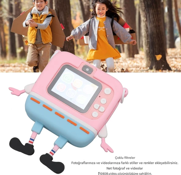 QASUL Çift Objektifli 1080 P Sünger Bob Kare Pantolon Çocuklar için Dijital Video Kamera Pembe - 4