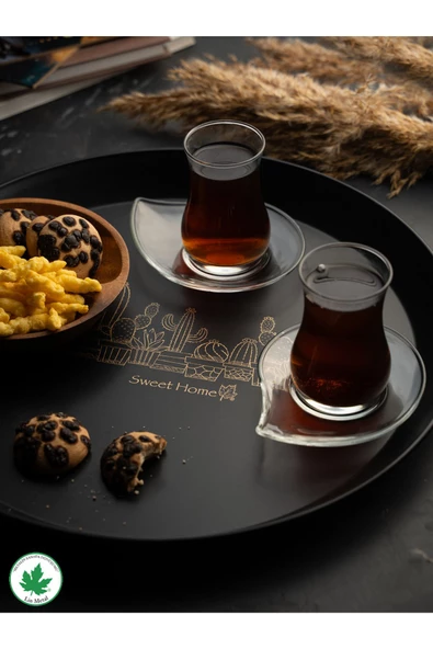 Metal Yuvarlak Servis Tepsisi 38cm, Kulpsuz Tepsi, Sunum, Çay Kahve Tepsisi (KAKTÜS BASKILI) Siyah - 3