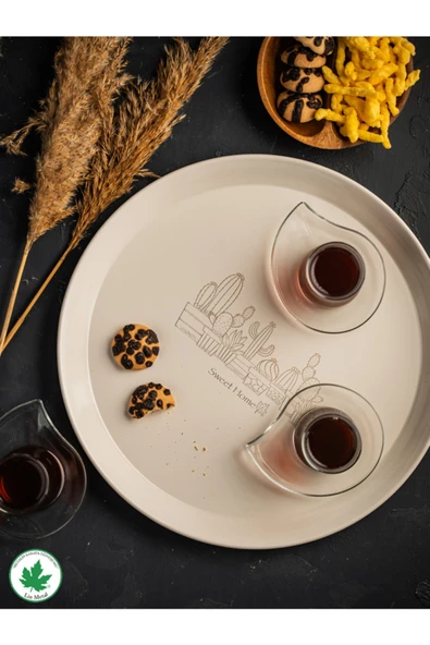 Metal Yuvarlak Servis Tepsisi 38cm, Kulpsuz Tepsi, Sunum, Çay Kahve Tepsisi (KAKTÜS BASKILI) Siyah - 6