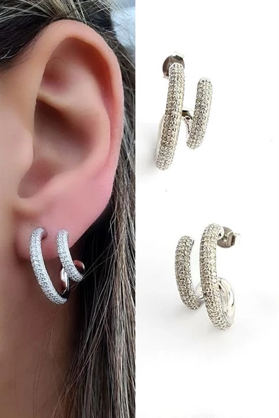 İtalyan Tasarımı 925Ayar Gümüş Zirkon Taşlı Tasarım Küpe Cap 2 Cm ürün görseli