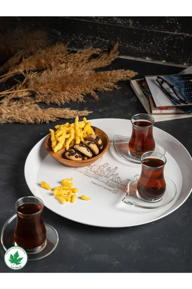 Metal Yuvarlak Servis Tepsisi 38cm, Kulpsuz Tepsi, Sunum, Çay Kahve Tepsisi (KAKTÜS BASKILI) Siyah - 12