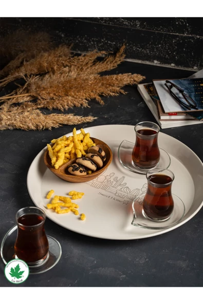 Metal Yuvarlak Servis Tepsisi 38cm, Kulpsuz Tepsi, Sunum, Çay Kahve Tepsisi (KAKTÜS BASKILI) Siyah - 7