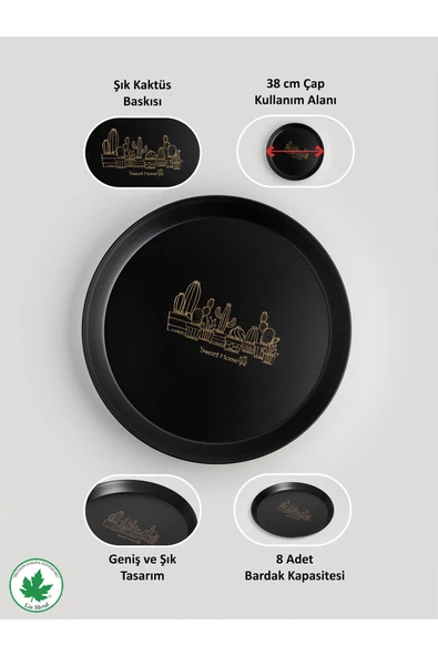 Metal Yuvarlak Servis Tepsisi 38cm, Kulpsuz Tepsi, Sunum, Çay Kahve Tepsisi (KAKTÜS BASKILI) Siyah - 5