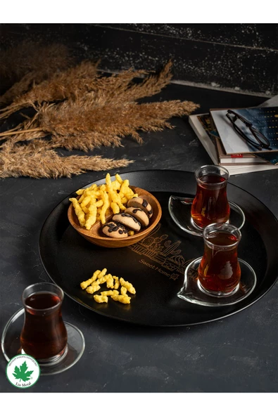 Metal Yuvarlak Servis Tepsisi 38cm, Kulpsuz Tepsi, Sunum, Çay Kahve Tepsisi (KAKTÜS BASKILI) Siyah - 2