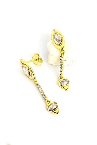 Zirkon Taş Detaylı 925Ayar Gümüş Üzerine Altın Kaplama Luxury Tasarım Sallantılı Küpe ürün görseli