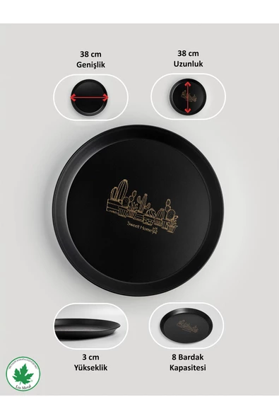 Metal Yuvarlak Servis Tepsisi 38cm, Kulpsuz Tepsi, Sunum, Çay Kahve Tepsisi (KAKTÜS BASKILI) Siyah - 4