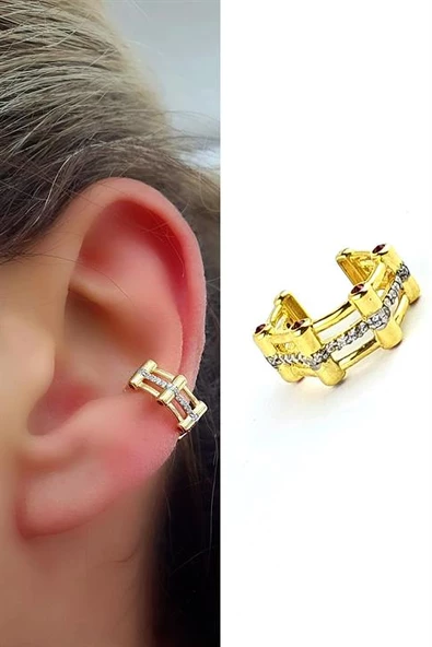 Fuşya Pembe Zirkon Taşlı 925Ayar Gümüş Üzerine Altın Kaplama Luxury Tasarım Sıkıştırmalı Kıkırdak Küpesi ürün görseli