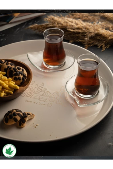 Metal Yuvarlak Servis Tepsisi 38cm, Kulpsuz Tepsi, Sunum, Çay Kahve Tepsisi (KAKTÜS BASKILI) Siyah - 8