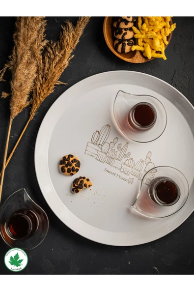 Metal Yuvarlak Servis Tepsisi 38cm, Kulpsuz Tepsi, Sunum, Çay Kahve Tepsisi (KAKTÜS BASKILI) Siyah - 11