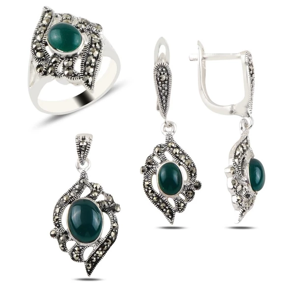 Gümüş Yeşil Akik & Markazit Taşlı Set
