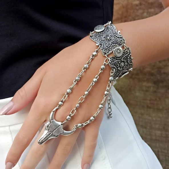 Boğa Şekilli Kadın Şahmeran Gümüş Kaplama Ayarlanabilir El Yapımı Şahmeran - Resim 5