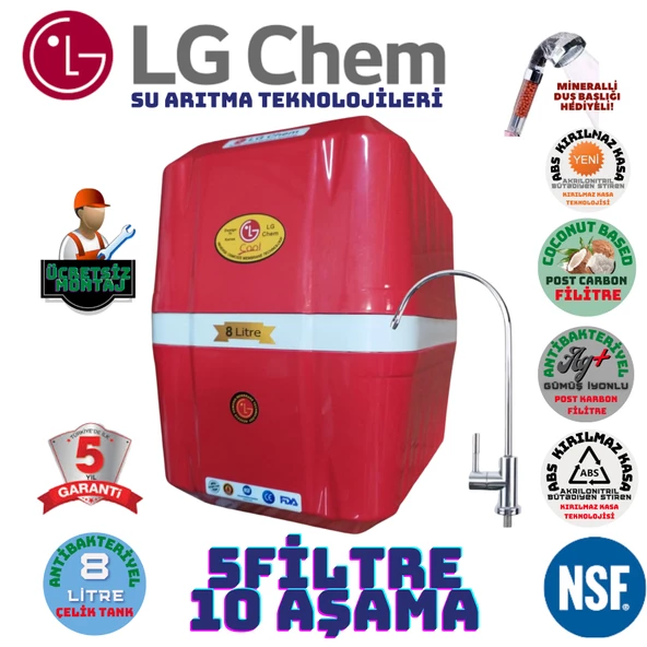 LG Chem COOL KIRMIZI BEYAZ MONTAJ DAHİL 8 LİTRE 5 FİLTRE 10 AŞAMA SU ARITMA CİHAZI