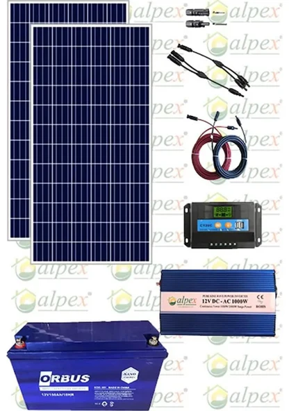 1200W Güneş Enerjisi Solar Paket 2x250W Panel 100Ah Jel Akü 1200W İnverter TV ve Aydınlatma Uyumlu