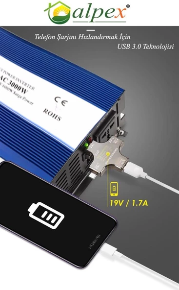 Alpex 2000 W 12 Volt UPS Akü Şarjlı Tam Sinüs Inverter - Resim 5