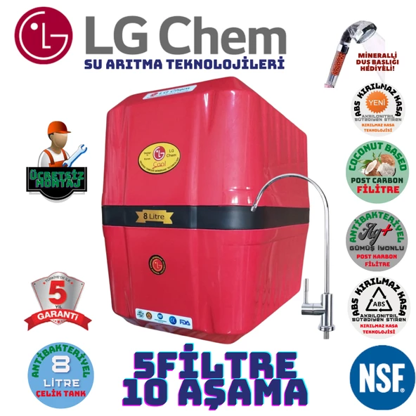 LG Chem COOL KIRMIZI SİYAH MONTAJ DAHİL 8 LİTRE 5 FİLTRE 10 AŞAMA SU ARITMA CİHAZI