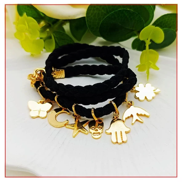 Altın Kaplama Karışık Obje Süet Örme Kadın Bileklik