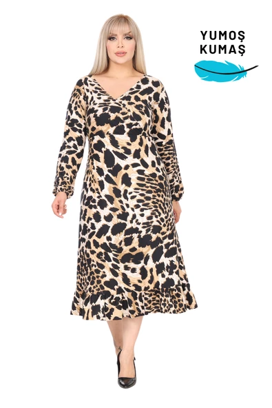 Melsay Butik Yumoş Kumaş Kruvaze Yaka Kaplan Desenli Eteği Fırfırlı Elbise ürün görseli 1