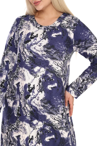 Melsay Butik Yumoş Kumaş Mavi Batik Desen Uzun Kollu Kadın Tesettür Elbise - 5