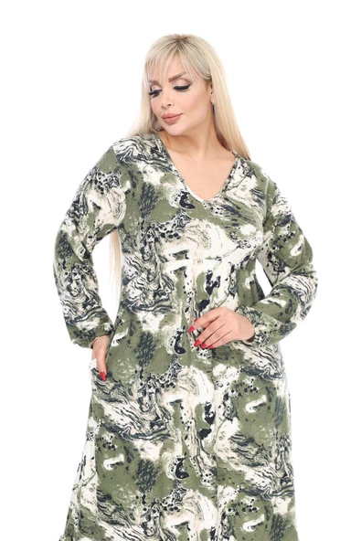 Melsay Butik Kışlık Robalı Yumoş Uzun Kollu Yeşil Batik Desenli Cepli Elbise - Resim 4