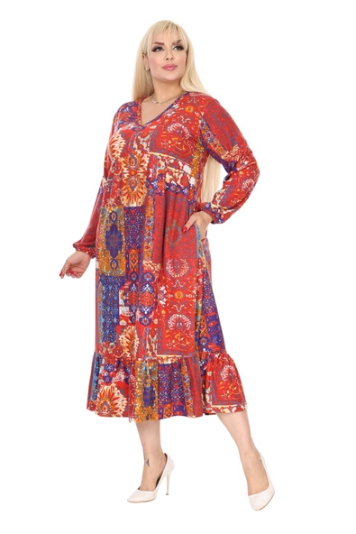Melsay Butik Kışlık Robalı Yumoş Uzun Kollu Kırmızı Etnik Desen Elbise - 3