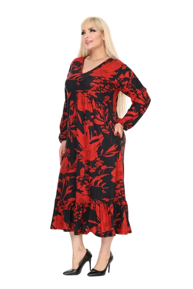 Melsay Butik Kışlık Robalı Yumoş Uzun Kollu Kırmızı Yaprak Desenli Cepli Elbise - Resim 3