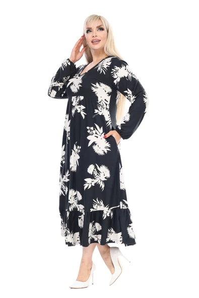 Melsay Butik Kışlık Robalı Yumoş Uzun Kollu Siyah Beyaz Yaprak Desenli Elbise - 5