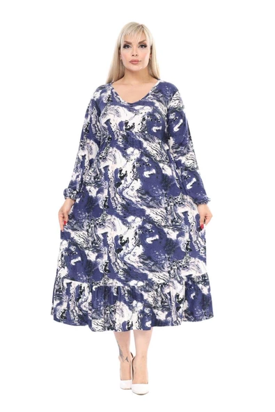Melsay Butik Kışlık Robalı Yumoş Uzun Kollu Mavi Batik Desenli Cepli Elbise - 3