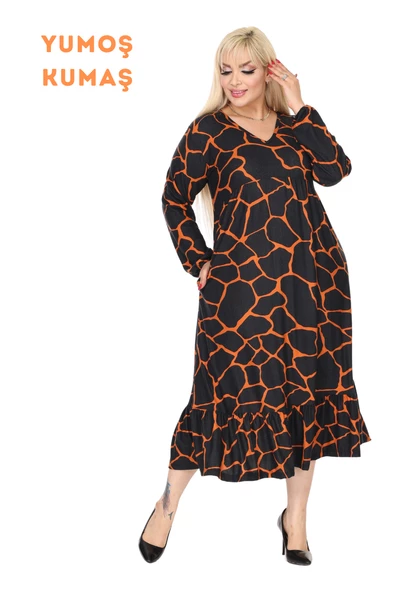 Melsay Butik Kışlık Robalı Yumoş Uzun Kollu Siyah Taş Desenli Elbise ürün görseli