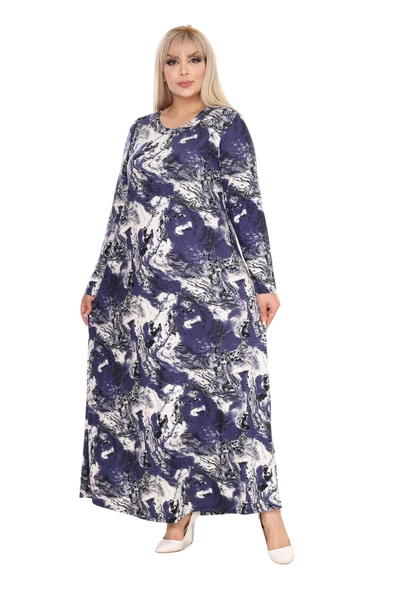 Melsay Butik Yumoş Kumaş Mavi Batik Desen Uzun Kollu Kadın Tesettür Elbise - 2