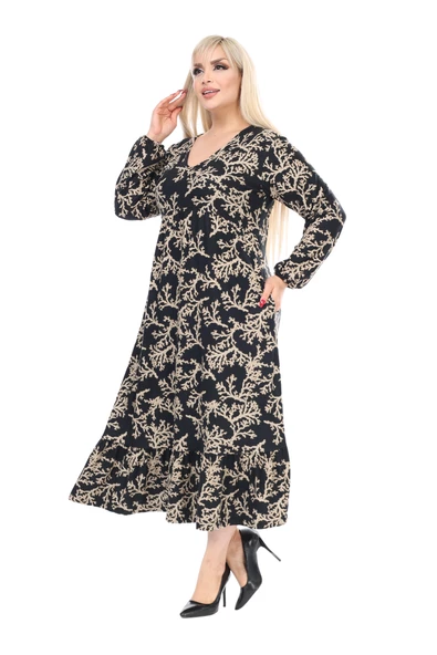 Melsay Butik Kışlık Robalı Yumoş Uzun Kollu Vizon Mercan Desenli Elbise - Resim 3