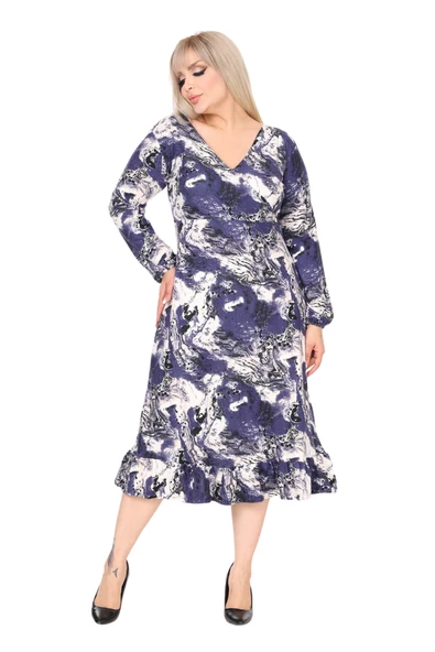 Melsay Butik Yumoş Kumaş Kruvaze Yaka Mavi Batik Desen Eteği Fırfırlı Midi Elbise - 4
