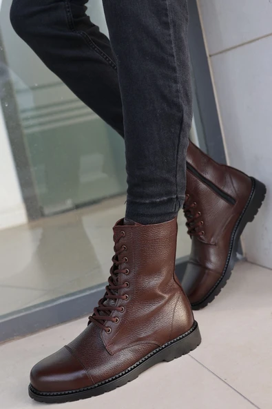Erkek Kahverengi Garantili Hakiki Deri Soğuk Geçirmez Kaymaz Kauçuk Taban Postal Bot ARAGON-3565 - Resim 2