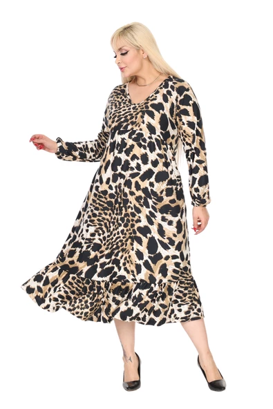 Melsay Butik Kışlık Robalı Yumoş Uzun Kollu Kaplan Desenli Elbise - Resim 4