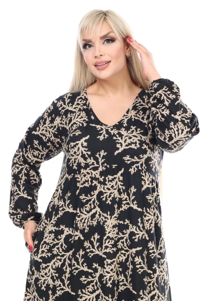 Melsay Butik Kışlık Robalı Yumoş Uzun Kollu Vizon Mercan Desenli Elbise - Resim 5