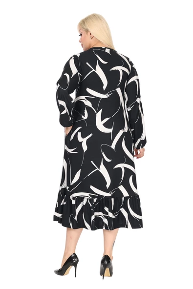 Melsay Butik Kışlık Robalı Yumoş Uzun Kollu Siyah Beyaz Tüy Desenli Elbise - Resim 6