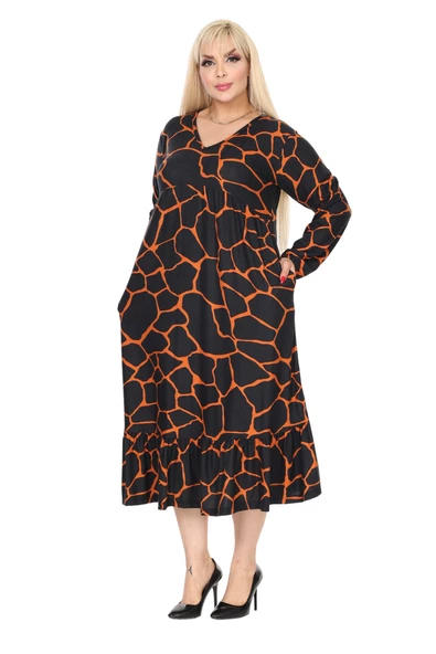 Melsay Butik Kışlık Robalı Yumoş Uzun Kollu Siyah Taş Desenli Elbise - Resim 2