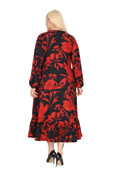 Melsay Butik Kışlık Robalı Yumoş Uzun Kollu Kırmızı Yaprak Desenli Cepli Elbise - Resim 6