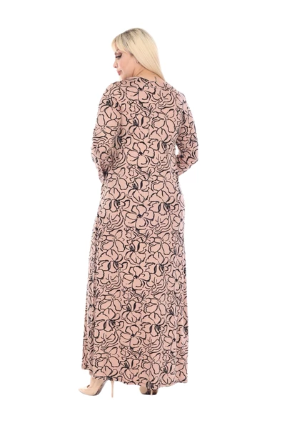 Melsay Butik Yumoş Kumaş Somon Çiçek Desen Uzun Kollu Kadın Tesettür Elbise - 5