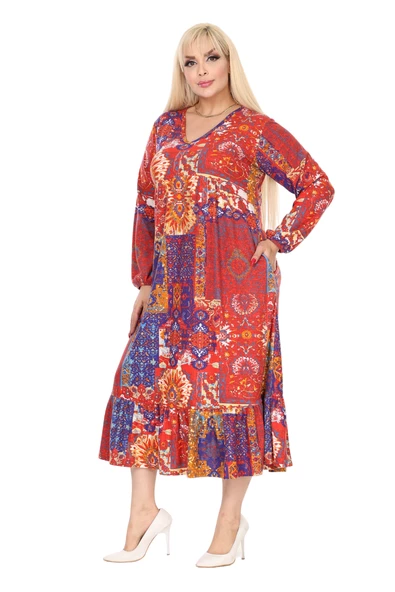 Melsay Butik Kışlık Robalı Yumoş Uzun Kollu Kırmızı Etnik Desen Elbise - 2