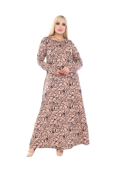 Melsay Butik Yumoş Kumaş Somon Çiçek Desen Uzun Kollu Kadın Tesettür Elbise - 4